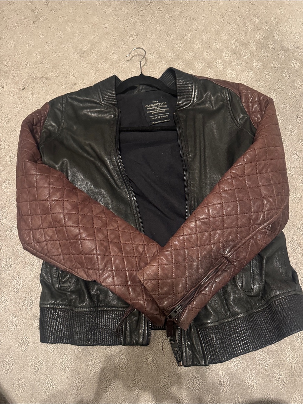 All Saints Two-Tone Quilted Sleeve Leather Bomber Jacket - Black & Brown